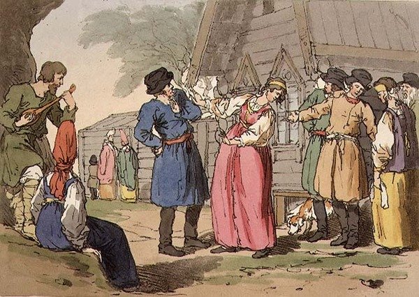 Golubtza, skylt 86 från volym III av "Ryssarnas seder, seder och nöjen", graverad av konstnären, pub. 1804 (akvatint) av John Augustus Atkinson