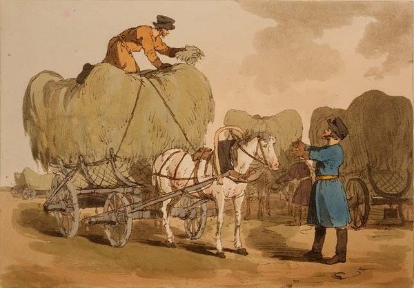 Hay Carts, tallrik 60 från volym II av "Ryssarnas seder, seder och nöjen", etsat av konstnären, pub. 1804 (akvatint) av John Augustus Atkinson
