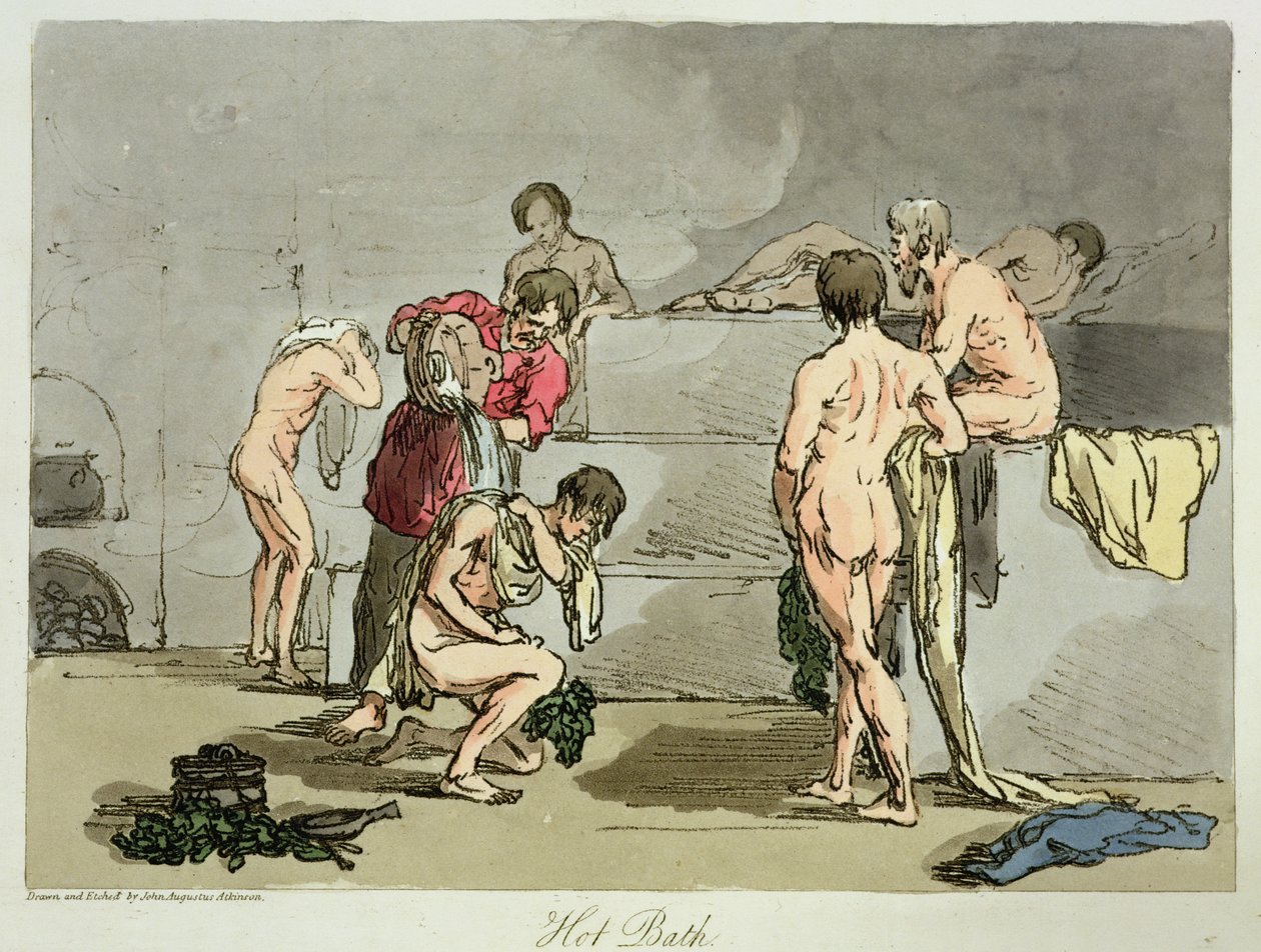 Varmt bad, tavla 73 från volym III av "The Manners, Customs and Amusements of the Russians", etsad av konstnären, pub. 1804 (akvatint) av John Augustus Atkinson