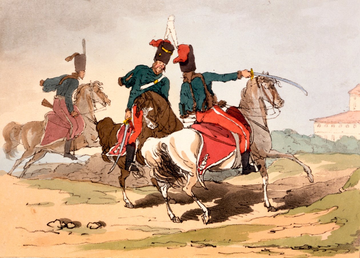 Husarer i ungerska uniformer, illustration från "The Manners, Customs und Amusements of the Russian" av James Walker, publicerad 1803-4 (akvatint etsning). av John Augustus Atkinson