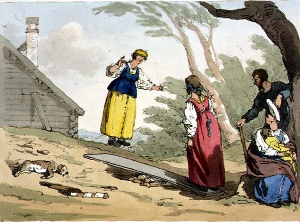 Hoppa på ett bräde, skylt 54 från volym II av "Ryssarnas seder, seder och nöjen", etsat av konstnären, pub. 1804 (akvatint) av John Augustus Atkinson