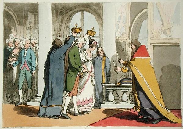Äktenskap, etsat av konstnären, publicerat 1804 (färg litho) av John Augustus Atkinson