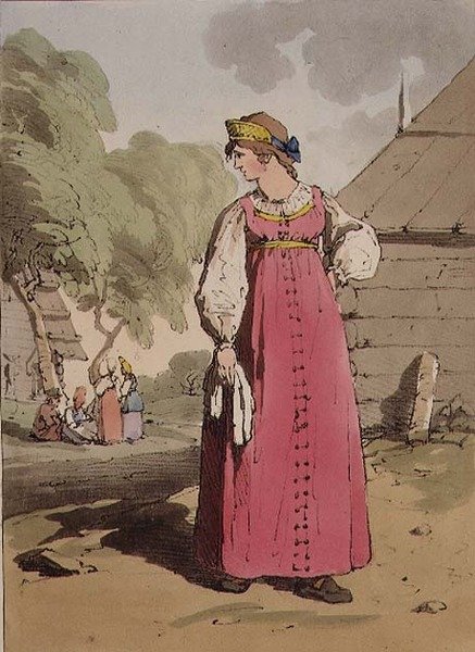 Bondflicka, tavla 27 från volym I av "The Manners, Customs and Amusements of the Russians", graverad av konstnären, publicerad i. 1803 (akvatint) av John Augustus Atkinson
