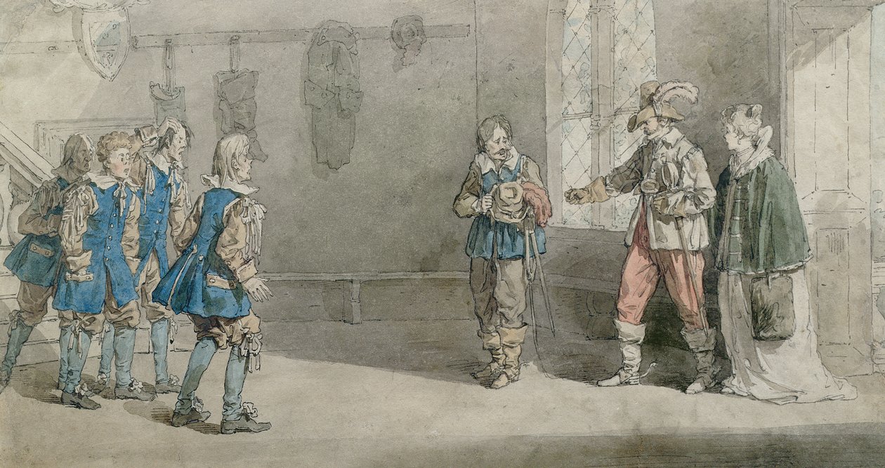 Petruchio, Katarina och tjänare i en scen från 
