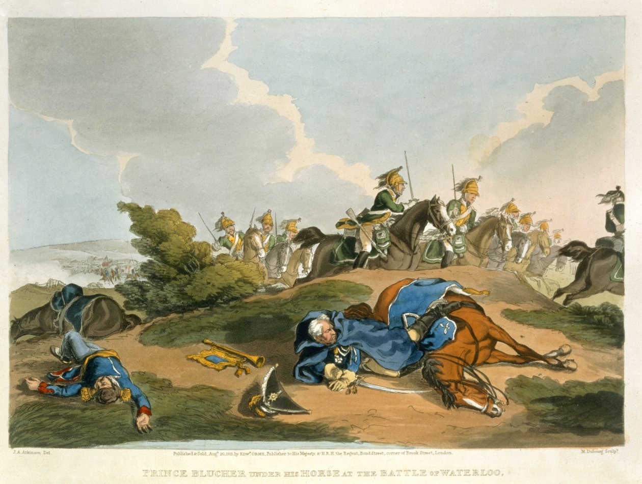 Prins Blucher under sin häst vid slaget vid Waterloo, graverad av Matthew Dubourg (fl.1813-20) från "Historic, Military and Naval Anecdotes", utgiven av Edward Orme (1774-c.1820) 1815 (akvatint) av John Augustus Atkinson