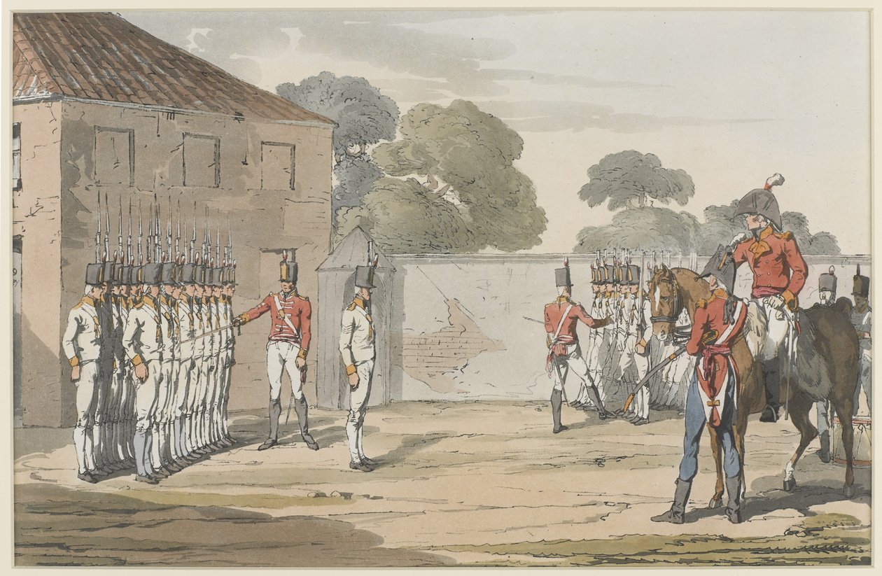 Soldiers Drilling, 1807 (färgad akvatint med mjuk grundetsning) av John Augustus Atkinson