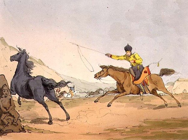 Tartars Catching Horses, tallrik 69 från volym III av "Ryssarnas seder, seder och nöjen", etsat av konstnären, pub. 1803 (akvatint) av John Augustus Atkinson
