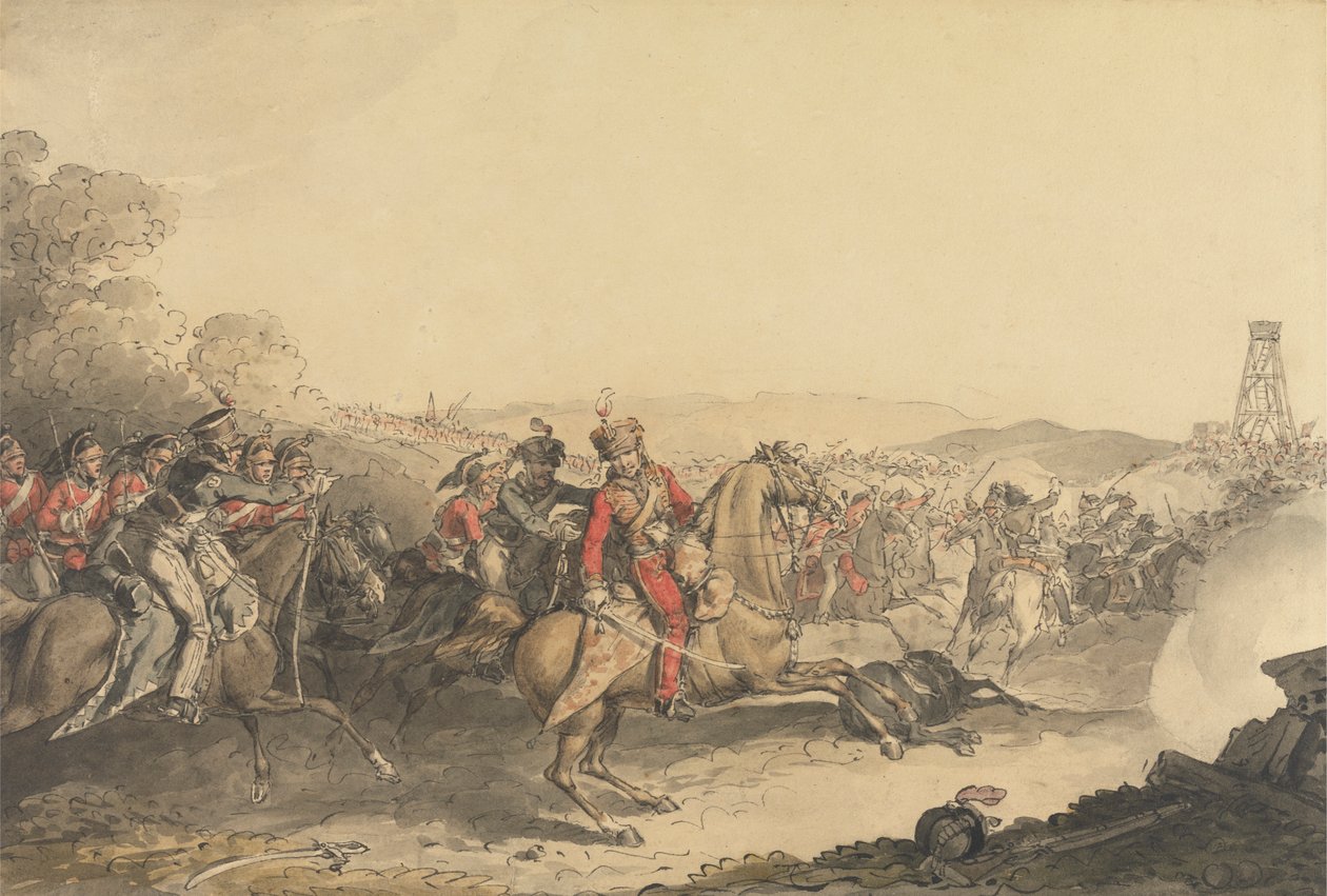 Markisen av Anglesey sårad medan han ledde en laddning av tungt kavalleri vid slutet av slaget vid Waterloo av John Augustus Atkinson