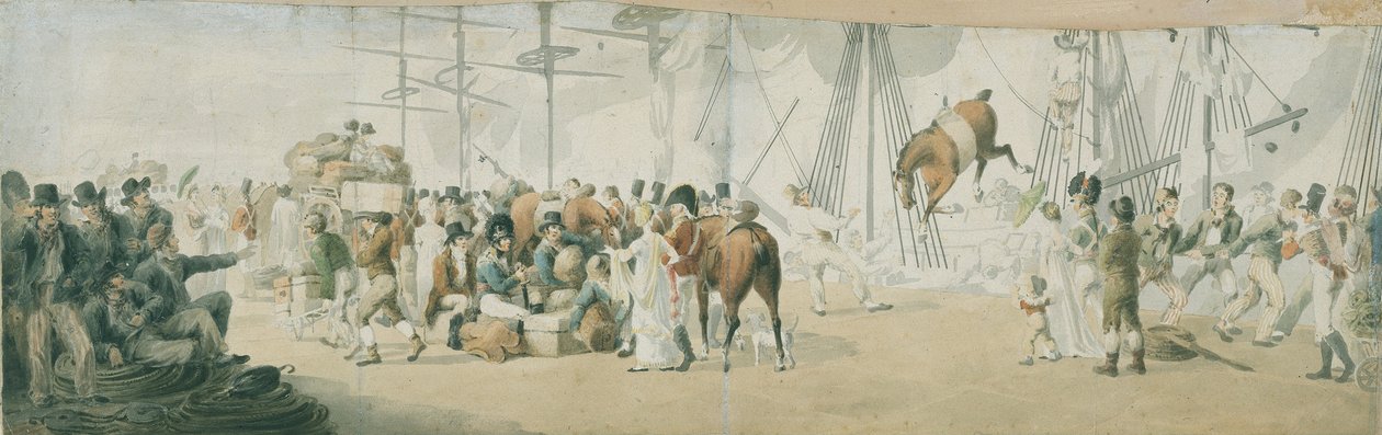 Inackordering av trupper och hästar i Margate (England), omkring 1800. Akvarell (17,8x54 cm) av John Augustus Atkinson (1775-1833), början av 1800-talet. av John Augustus Atkinson