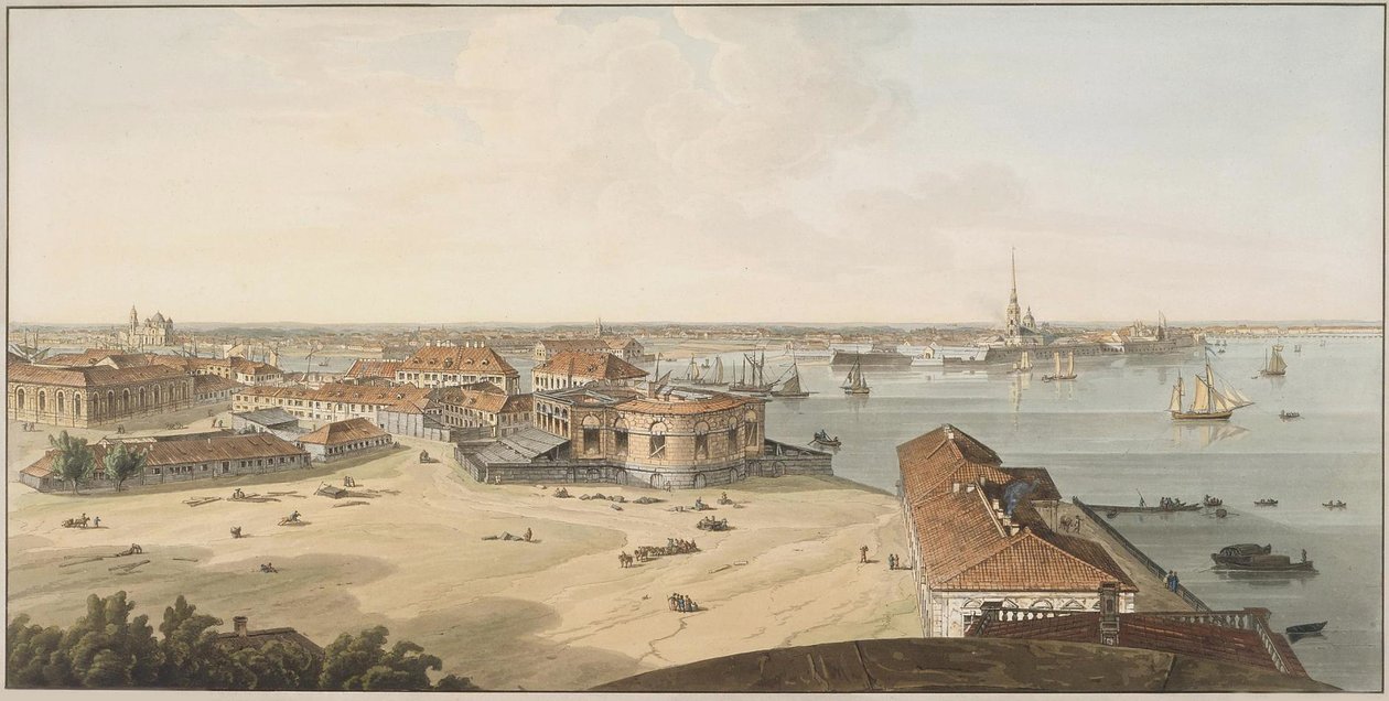 Utsikt över Spit av Vasilyevsky Island och Peter och Paul-fästningen, mellan 1802 och 1805 av John Augustus Atkinson