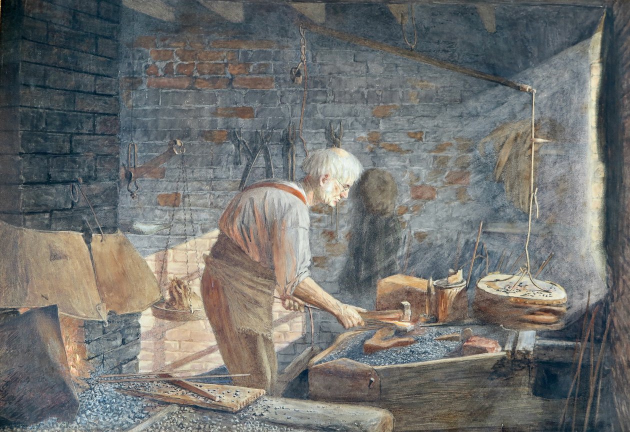 En smed i arbete vid sin smedja (akvarell) av John B. Gibbs