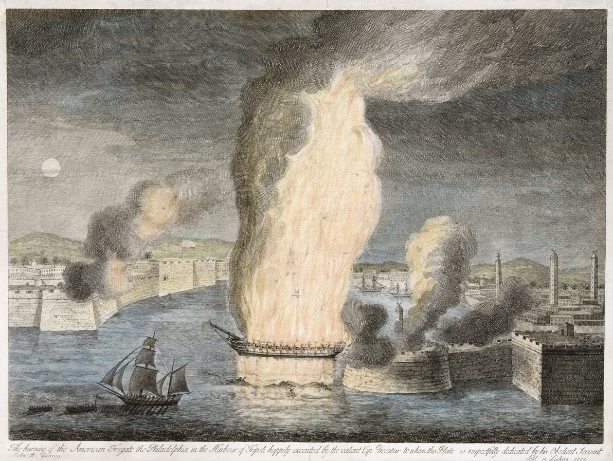 The Burning of the American Fregate [sic] Philadelphia i Tripolis hamn, 1805 (handfärgad linjegravering på lagt papper) av John B. Guerazzi