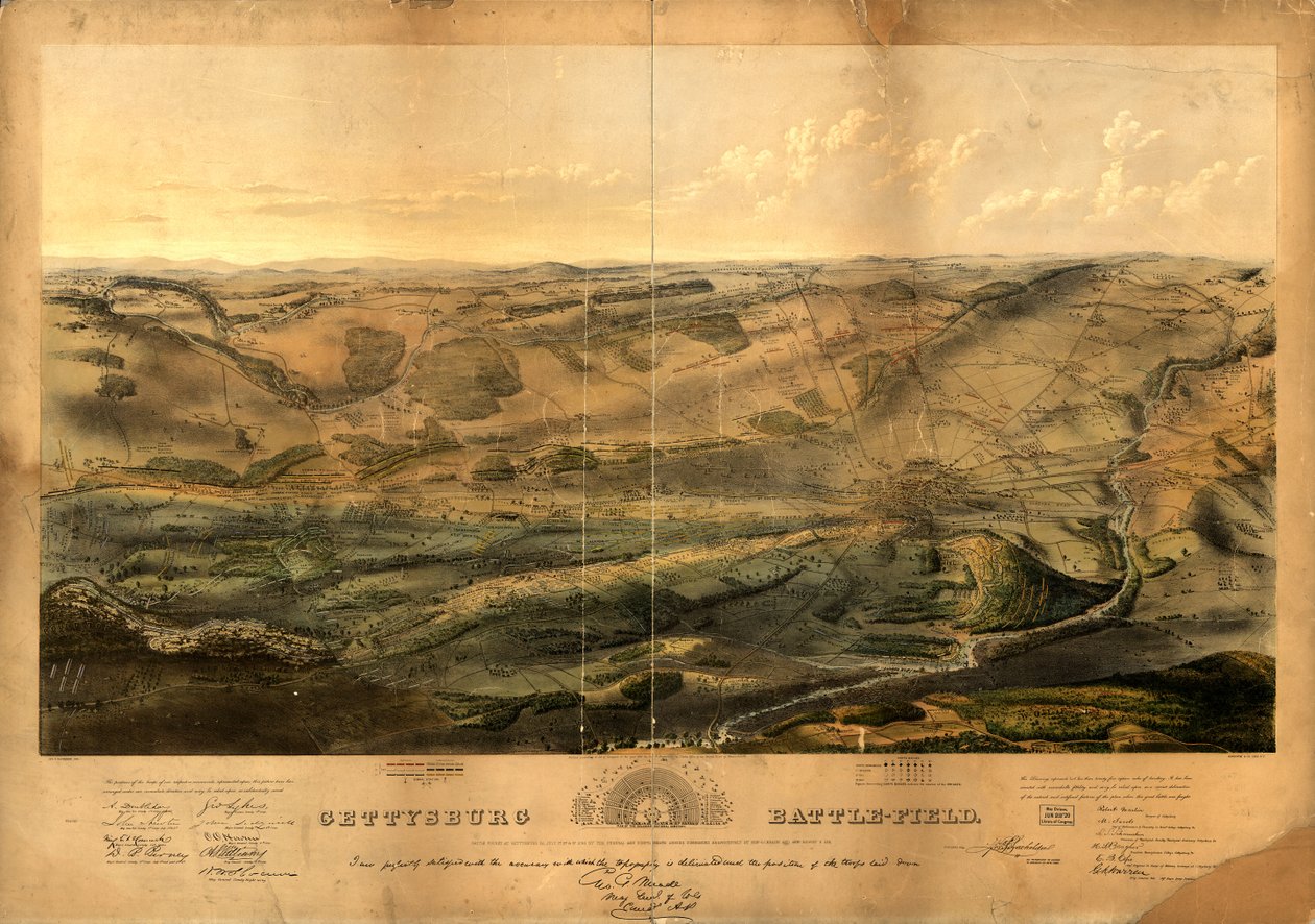 Gettysburg slagfält. Slaget utkämpades vid Gettysburg, Pa., 1:a, 2:a och 3:e juli 1863 av de federala och konfedererade arméerna, under befäl av Genl. G. G. Meade och genl. Robert E. Lee av John Bachelder