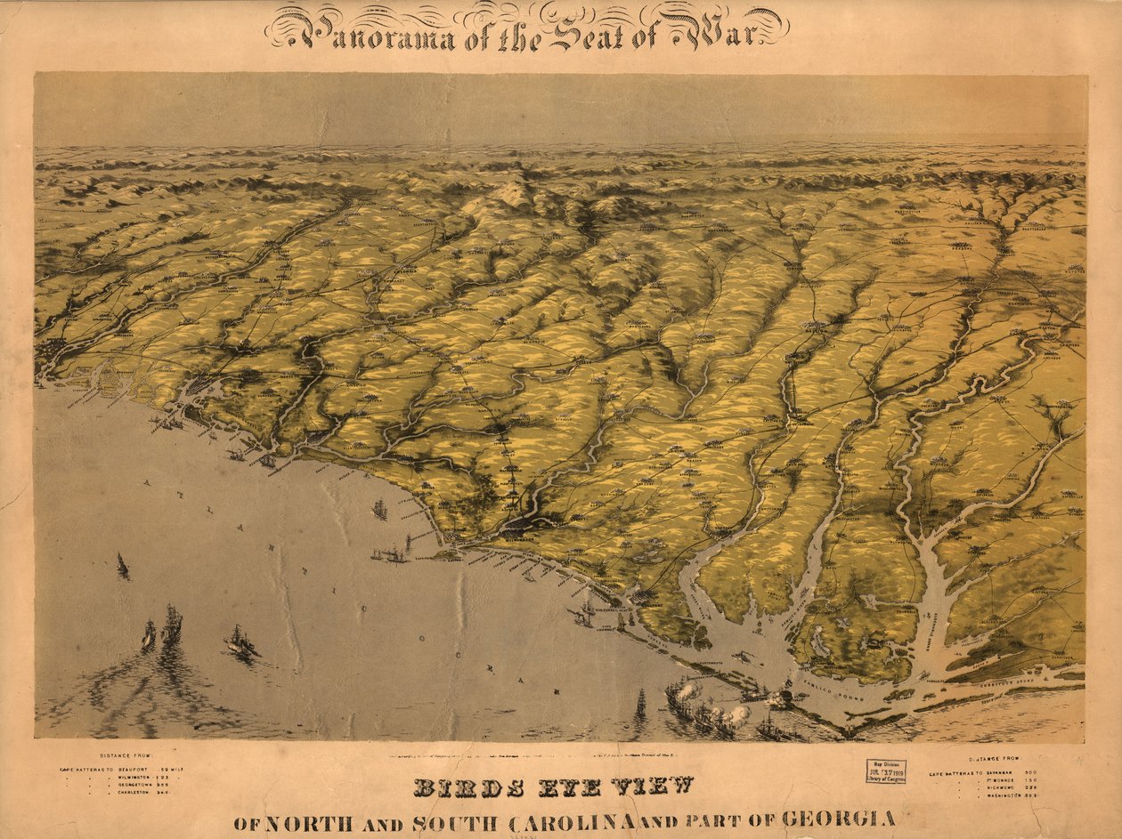 Fågelperspektiv över North och South Carolina och en del av Georgia. LOC 99447447 av John Bachmann