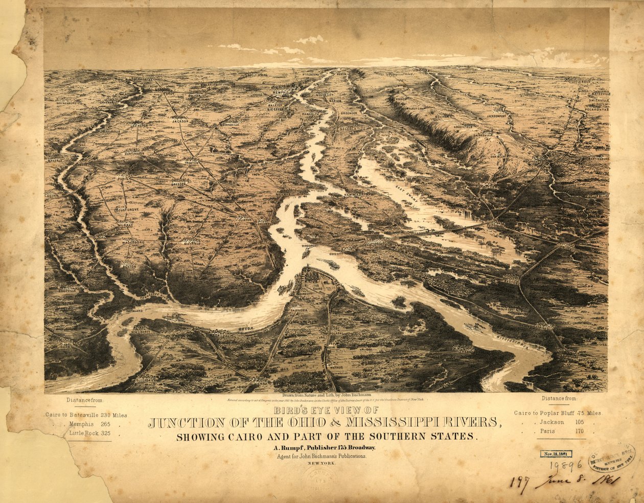 Fågelperspektiv över sammanflödet av floderna Ohio och Mississippi, med Kairo och en del av de södra delstaterna LOC 99447003 av John Bachmann