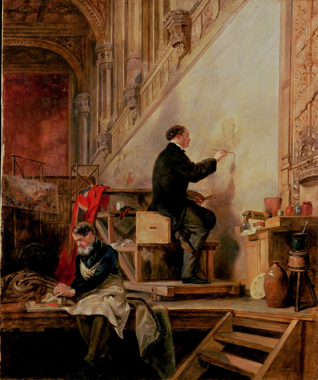Daniel Maclise (1806-70) målar sin väggmålning "The Death of Nelson" i House of Lords, 1865 av John Ballantyne