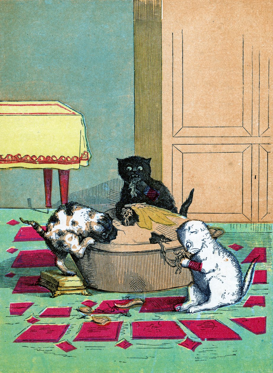 Tre små kattungar som bär vantar och äter en paj, Illustration från "Tre små kattungar" 1859 av John Ballantyne