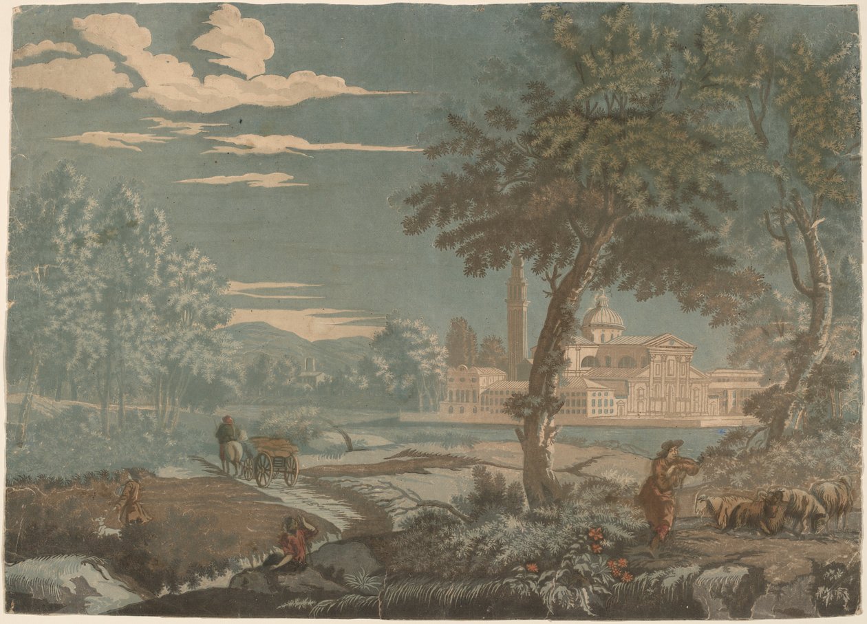 Heroiskt landskap med vagn och getvall, med San Giorgio Maggiore i bakgrunden av John Baptist Jackson after Marco Ricci