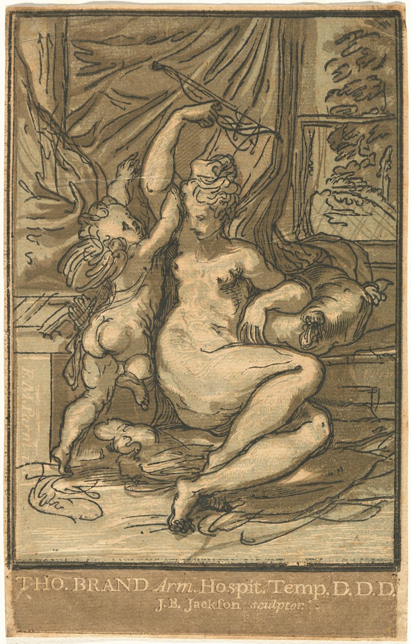 Venus och Amor med en pilbåge av John Baptist Jackson, after Parmigianino