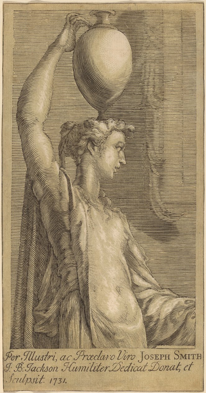Kvinna som står med en burk på huvudet av John Baptist Jackson, after Parmigianino