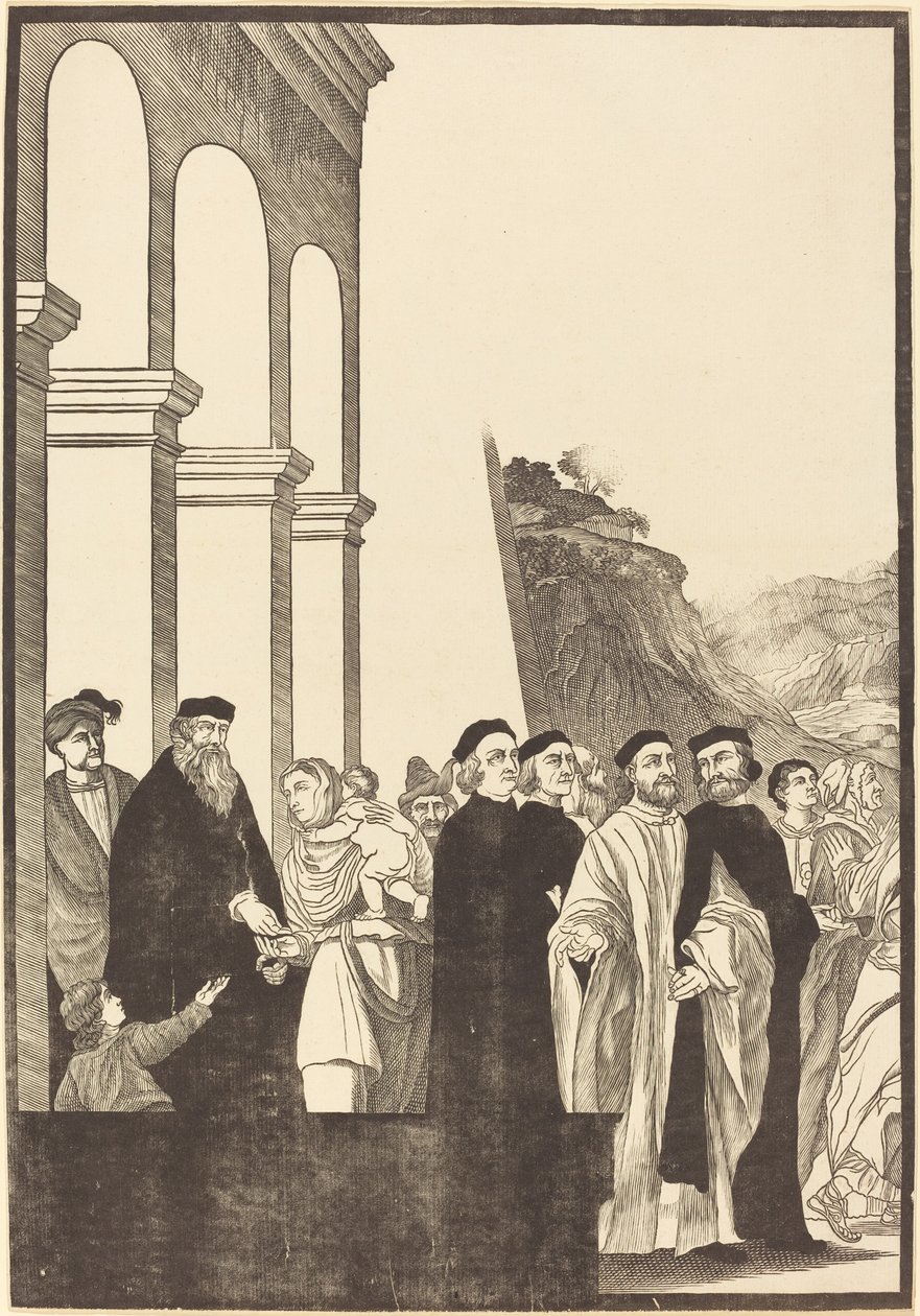 Presentation av jungfrun i templet [vänster skylt] av John Baptist Jackson after Titian