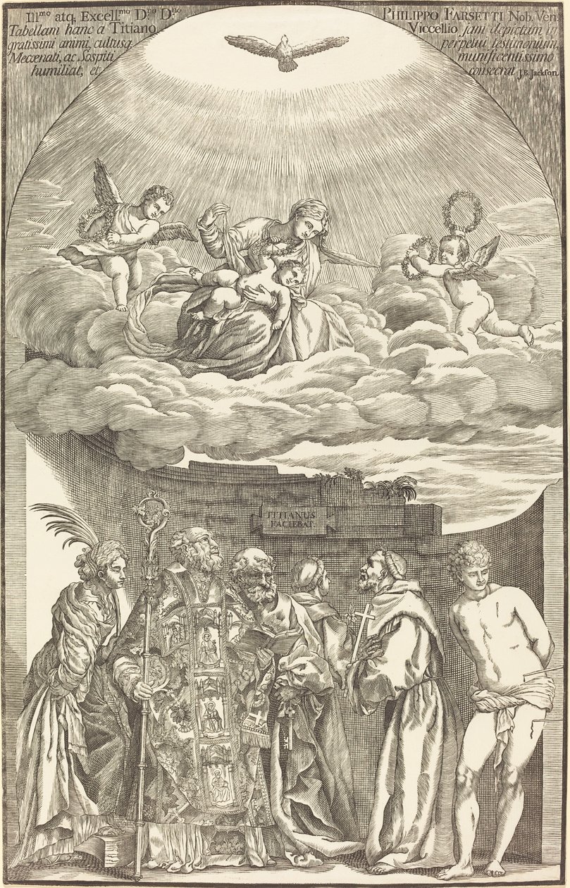Jungfrun i molnen och sex heliga av John Baptist Jackson after Titian