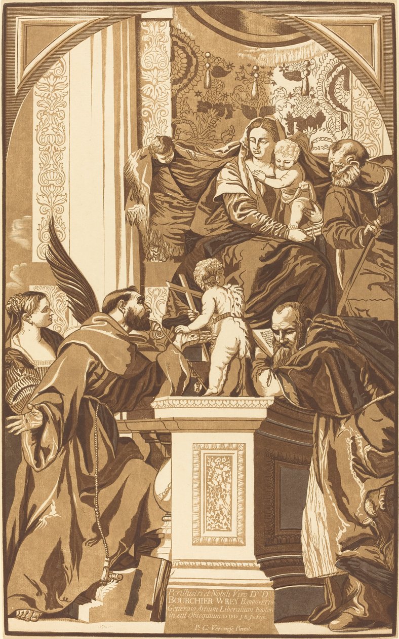 Heliga familjen och fyra heliga av John Baptist Jackson after Veronese