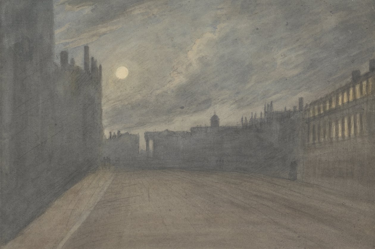 Broad Street, Oxford, fullmåne, 1790 (wc över kol och grafit på papper) av John Baptist Malchair