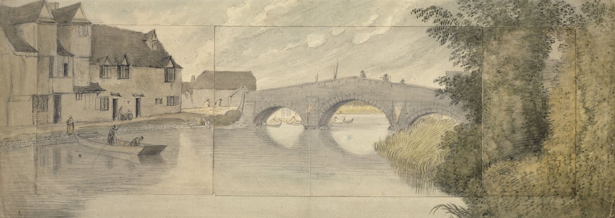 Hythe Bridge, Oxford, 1789 (akvarell över grafit på tre pappersark klistrade på ett större ark) av John Baptist Malchair