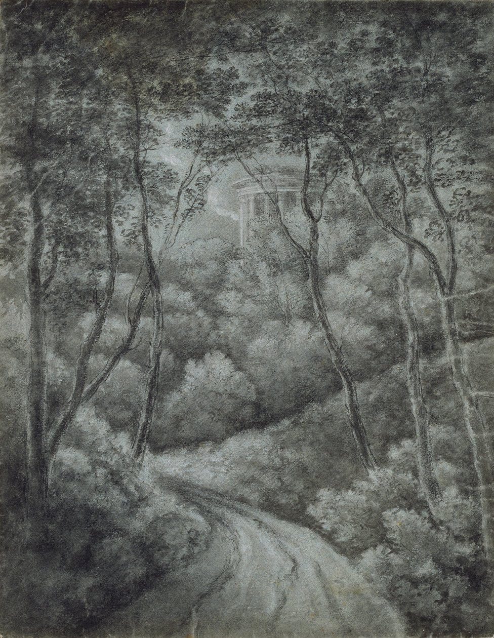 Landskap med en stig genom en skog och ett klassiskt tempel, sent 1700-tal. av John Baptist Malchair