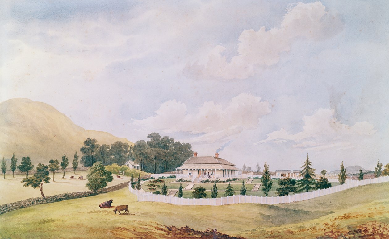 Harry Cobleys hus, Devonport, Auckland, Nya Zeeland, byggt ca 1867 (wc och kinesiskt vitt på papper) av John Barr Clark Hoyte