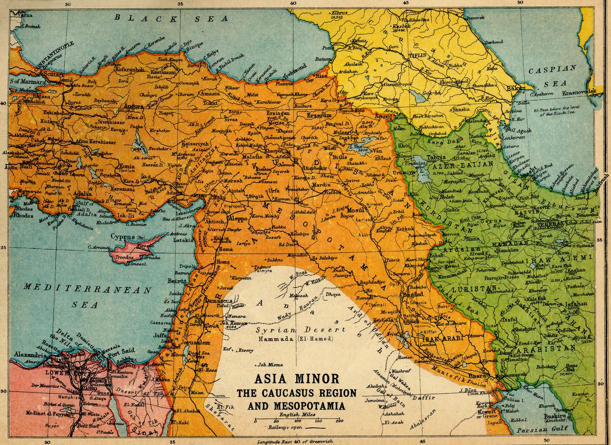 Mindre Asien, Kaukasusregionen och Mesopotamien, första världskriget, c1915, c1920. av John Bartholomew and Son
