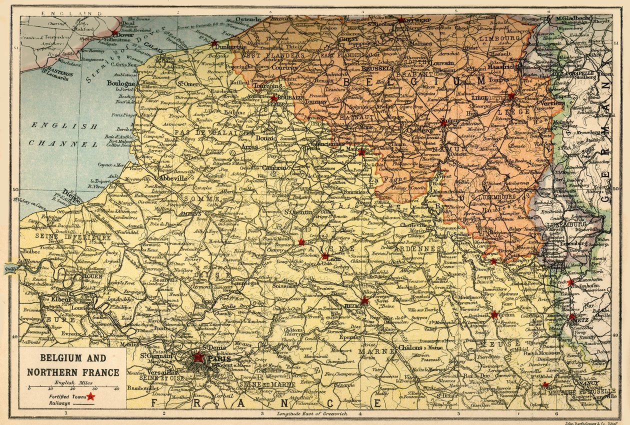 Karta över Belgien och norra Frankrike, c1914, c1920. av John Bartholomew and Son