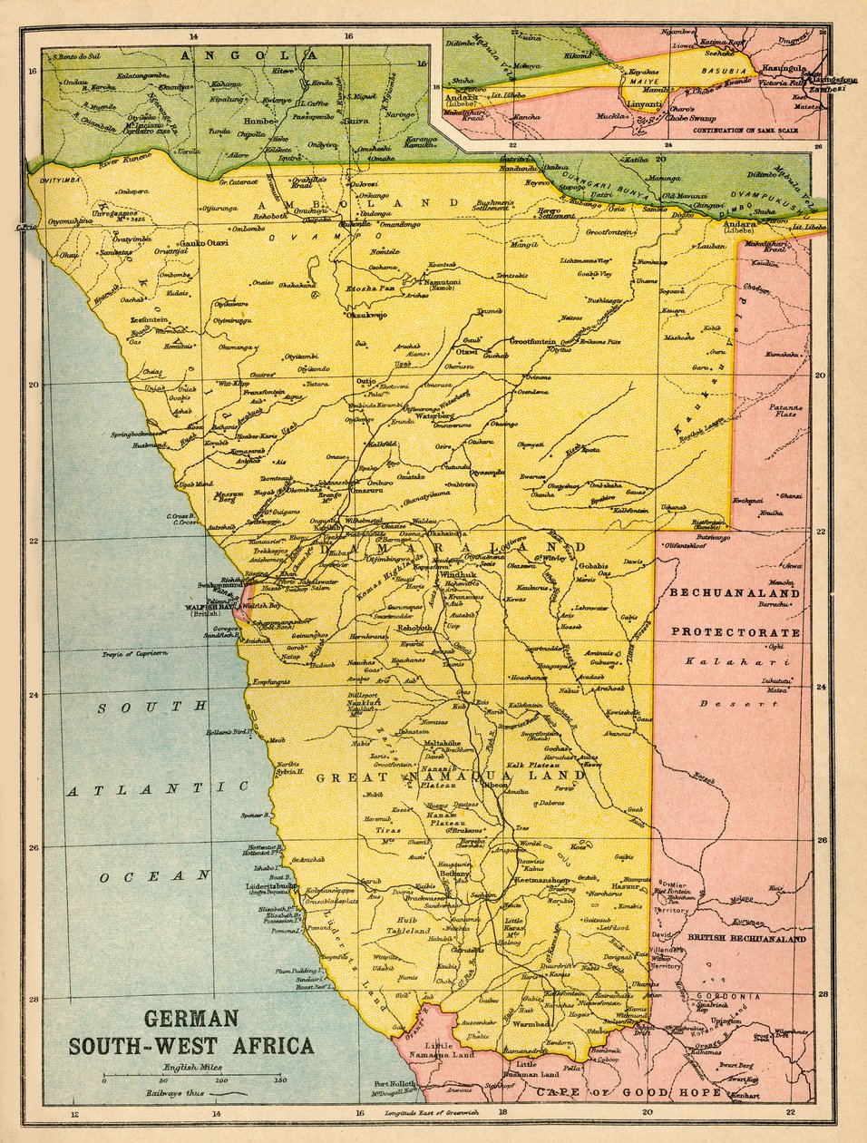Karta över tyska sydvästra Afrika, första världskriget, c1920. av John Bartholomew and Son