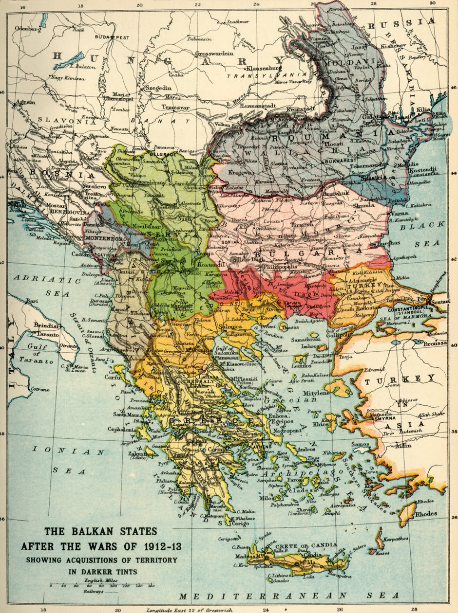 Balkanstaterna efter krigen 1912-13, c1920. av John Bartholomew and Son