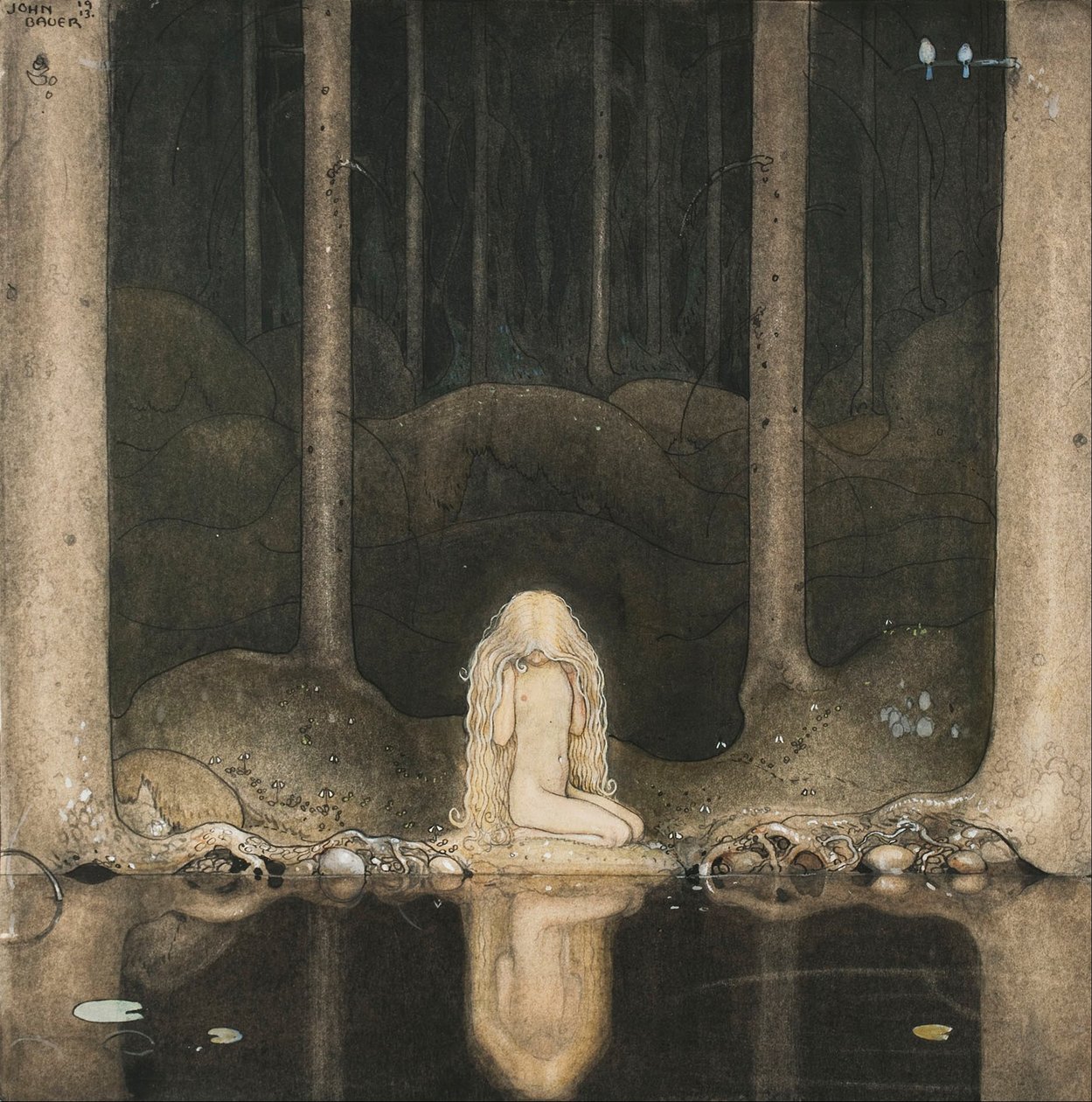 Prinsessan Tuvstarr sitter fortfarande längtansfullt och tittar ut i vattnet, 1913 av John Bauer