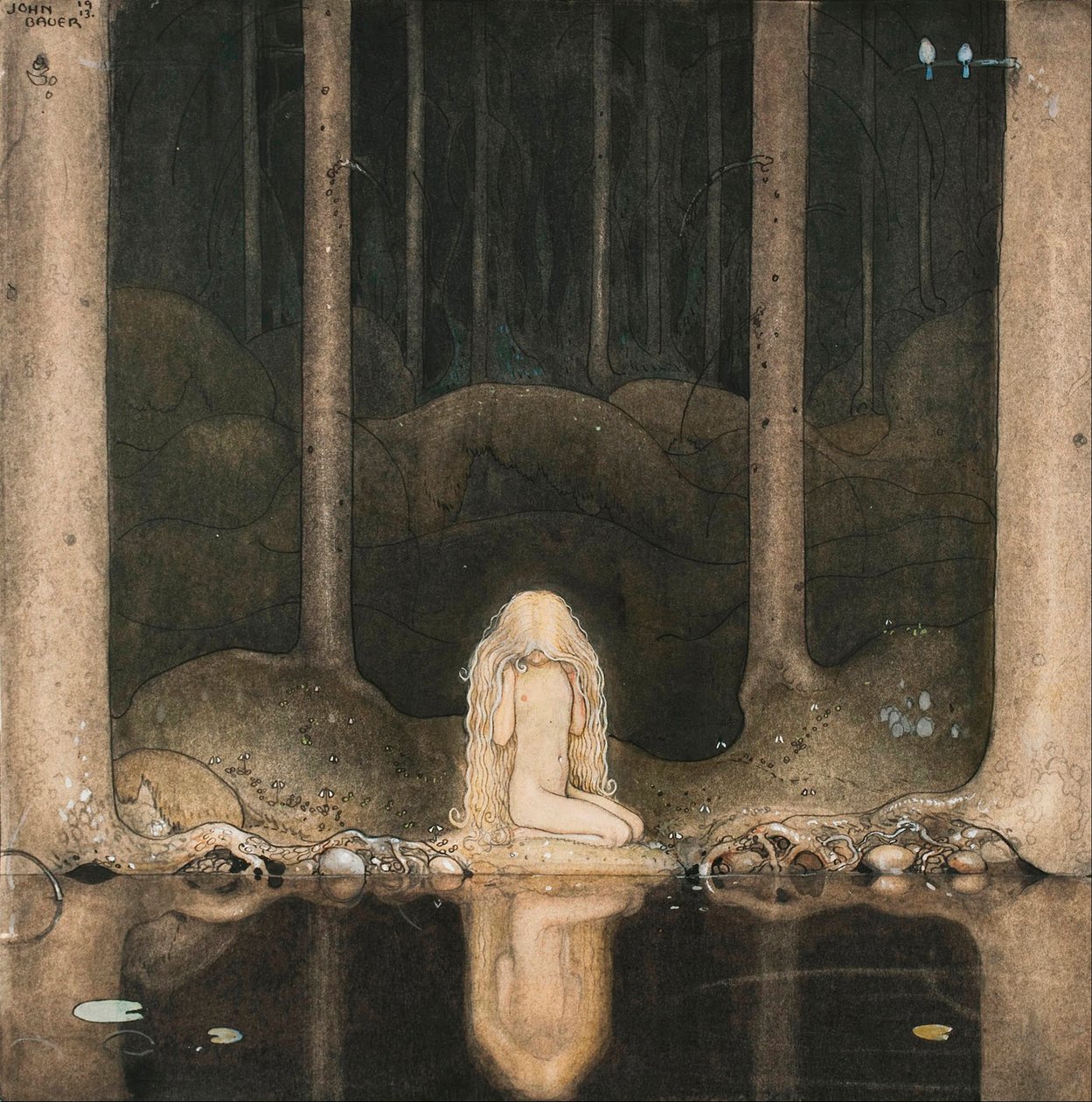 Prinsessan Tuvstarr tittar på sjöns vatten med nostalgi av John Bauer