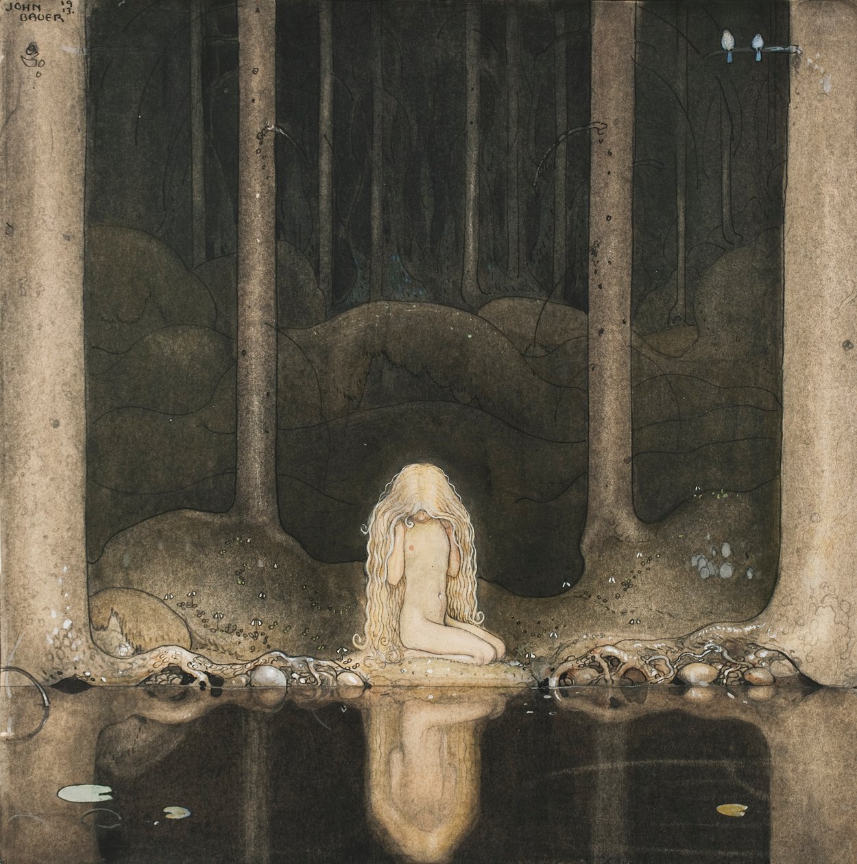  Tuvstarr sitter fortfarande där och tittar vemodigt ut i vattnet. av John Bauer