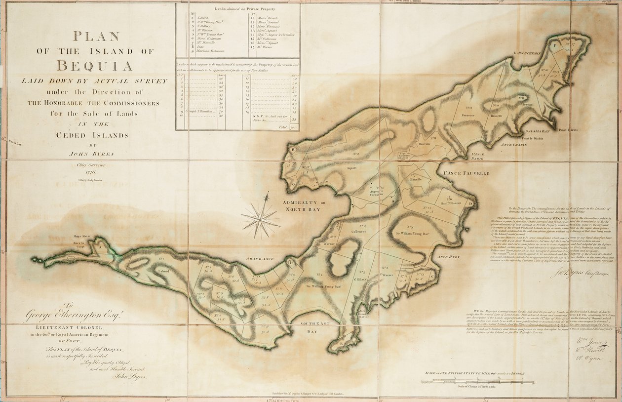 Plan över ön Bequia fastställd genom faktisk undersökning under ledning av de ärade kommissionärerna för försäljning av mark på de överlåtna öarna av John Byres Chief Surveyor 1776 av John Bayly