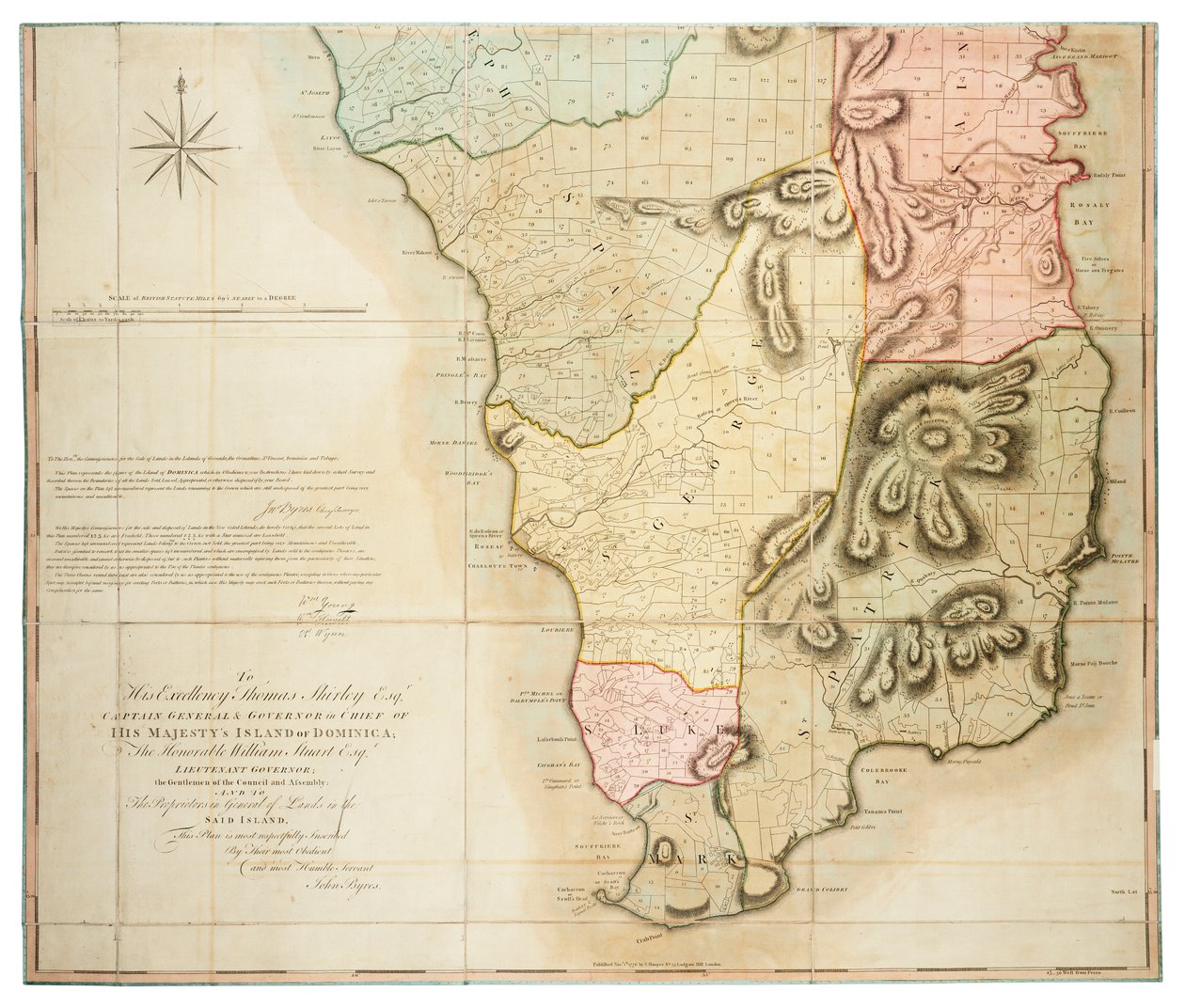 Plan över ön Dominica fastställd genom faktisk undersökning under ledning av de ärade kommissionärerna för försäljning av mark på de överlåtna öarna av John Byres Chief Surveyor 1776. av John Bayly