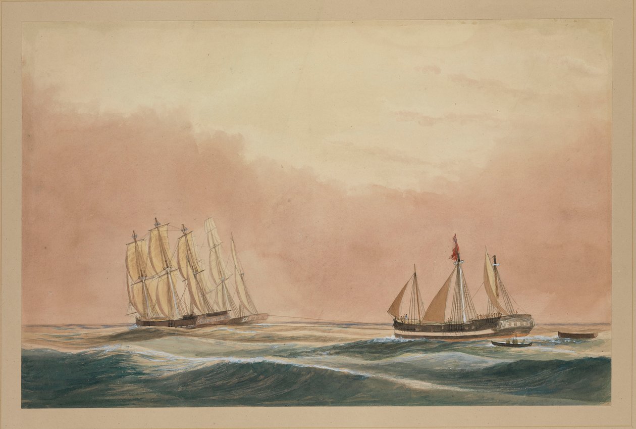 Fartyget "Futty Satam" bogseras till Mauritius av barken "Otter" och fartyget "City of Poona" 1851, ca 1851 (akvarell) av John Becket Hodgson