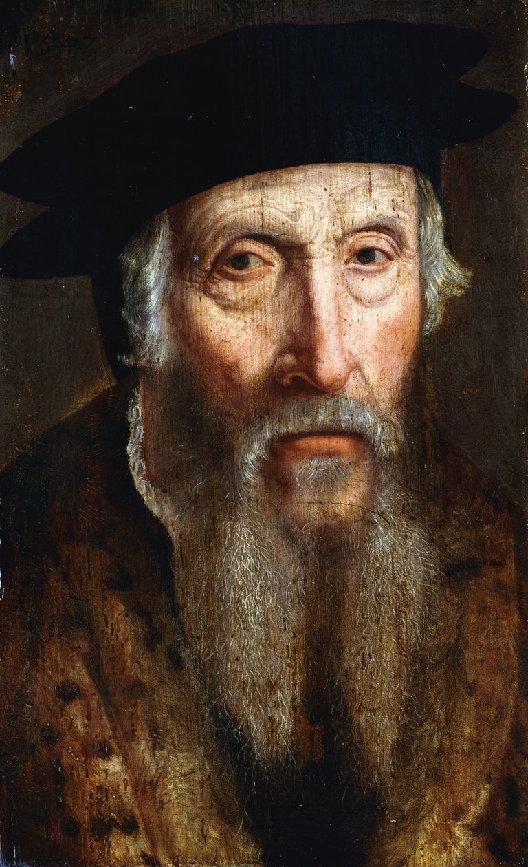 Porträtt av en skäggig man, bystlängd, i en pälsklippt kappa och svart hatt, ca 1547 av John Bettes