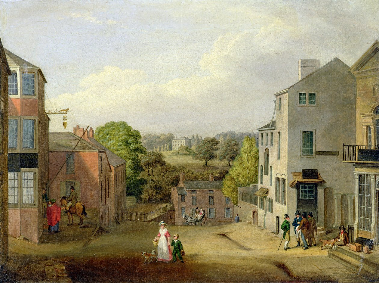Gatubild i Chorley, Lancashire, med utsikt över Chorley Hall, ca 1790-1817 av John, Bird