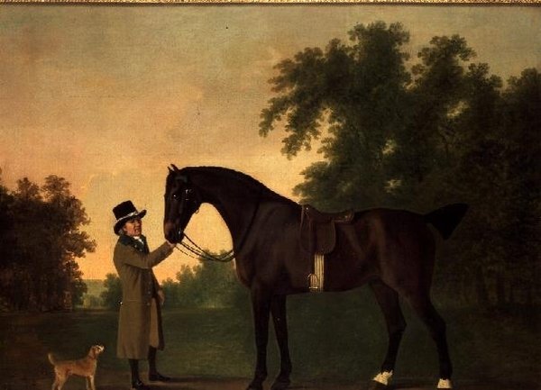 Porträtt av Edward Wilmot Esq med Bay Hunter och Terrier i Stubton Park av John Boultbee