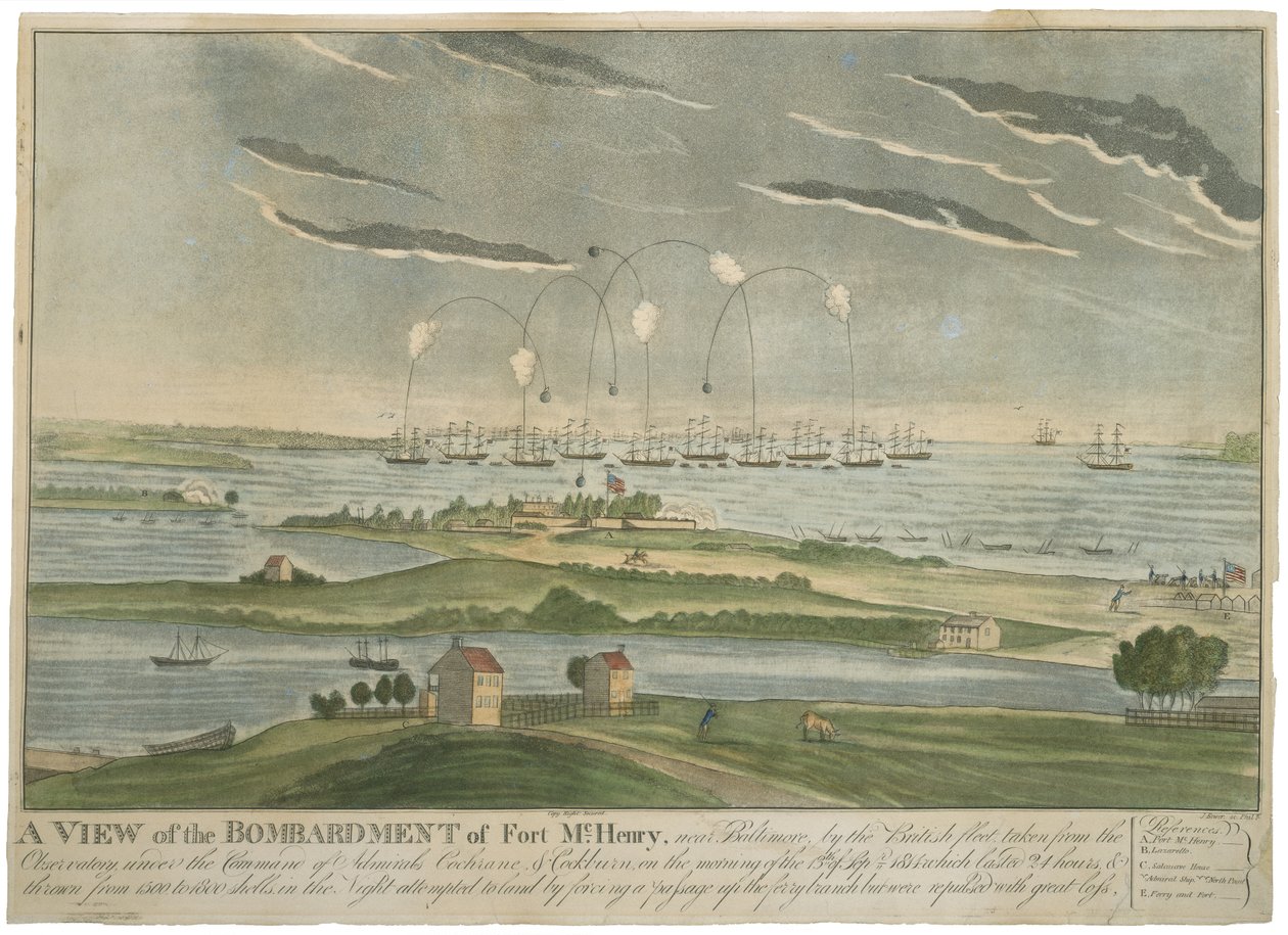 En vy av bombardementet av Fort McHenry, ca. 1815 (handfärgad akvatint på vävt papper) av John Bower