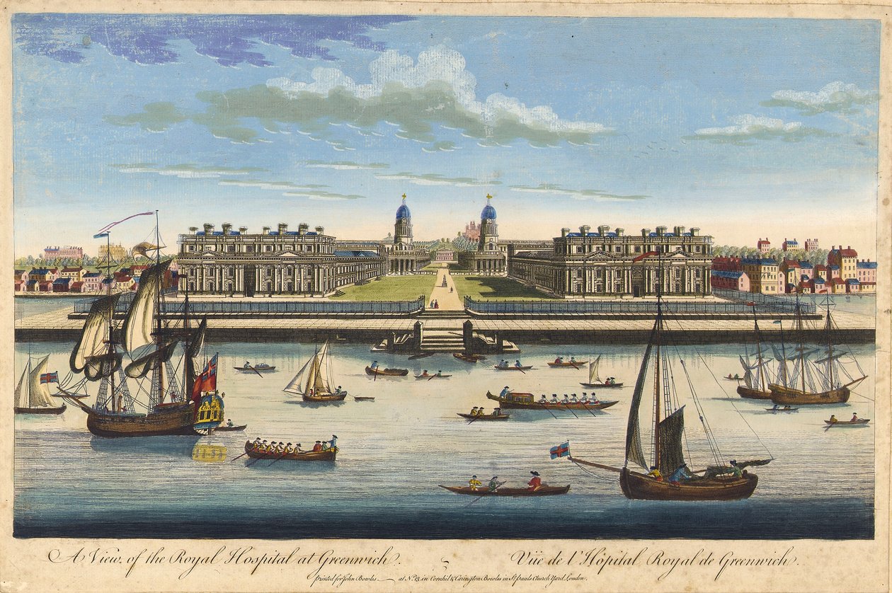 Vy över Royal Hospital i Greenwich, ca 1770 (etsning i färg) av John Bowles