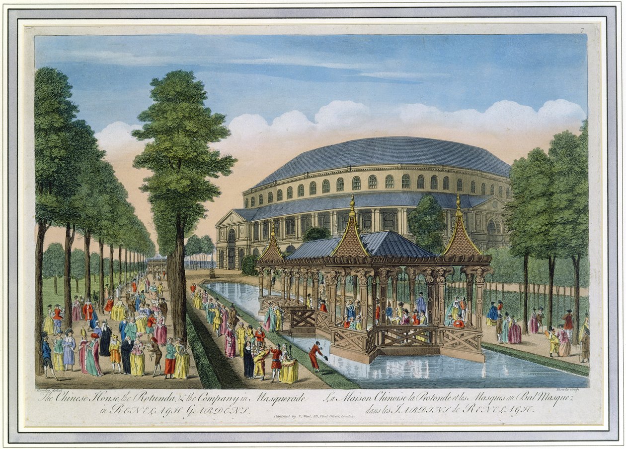 Det kinesiska huset, rotundan och företaget i Masquerade i Ranelagh Gardens (färgad akvatint) av John Bowles