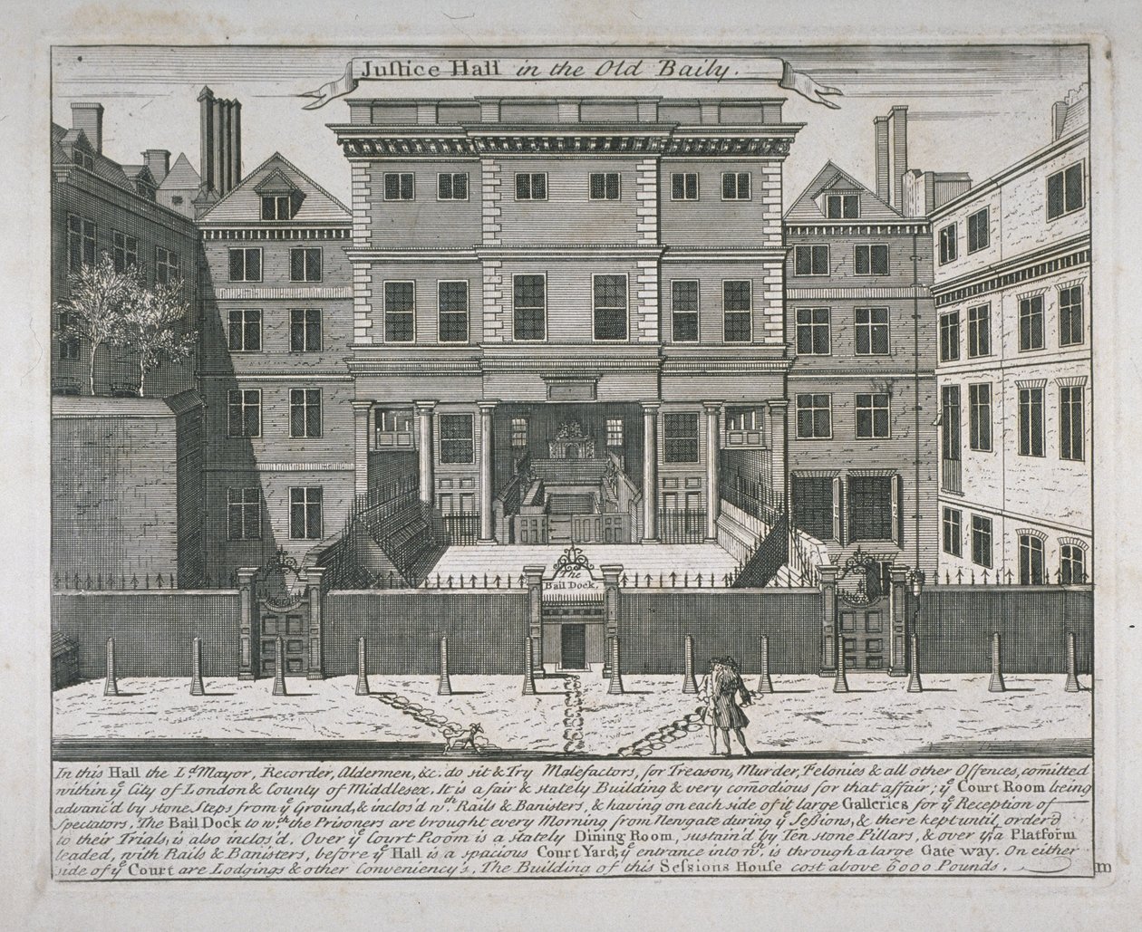 Utsikt över Justice Hall, Old Bailey, c.1740 av John Bowles