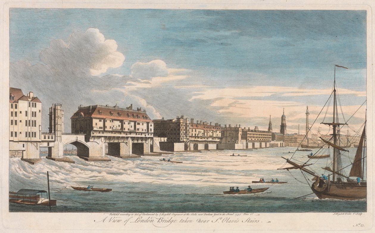Utsikt över London Bridge sedd nära St. Olaves trappor av John Boydell
