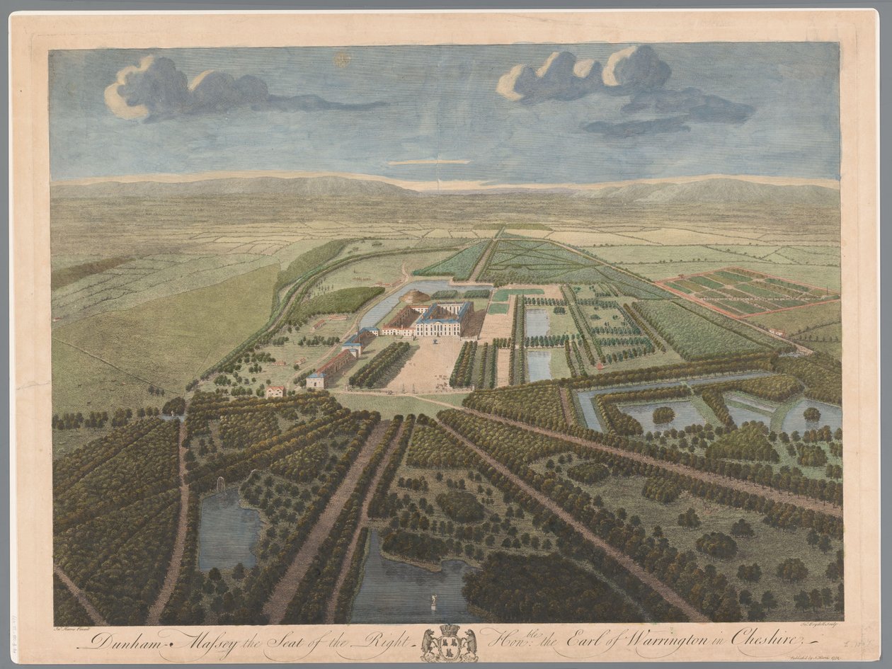 Utsikt över Dunham Massey i Cheshire Dunham Massey, högerns säte Hon:ble Earl of Warrington i Cheshire (titel på objektet) av John Boydell